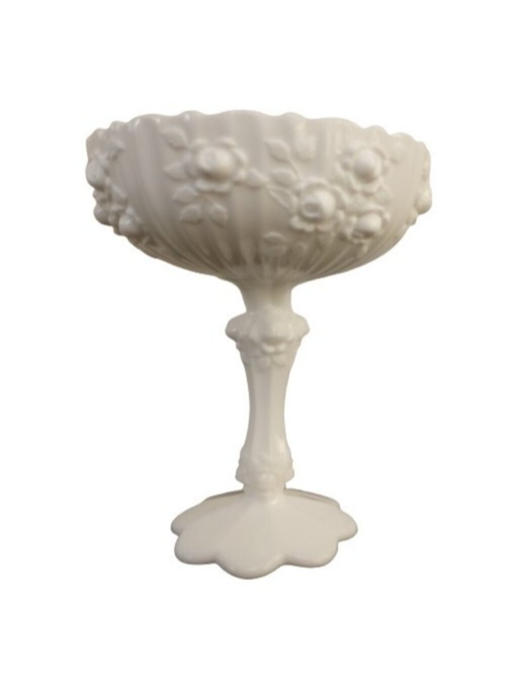 Fenton Milk Glass Scalloped Chalice Roses White Pedestal Candy Dish Vintage